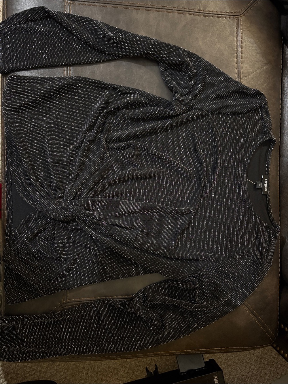 Express Black Sparkle Knot-Front Long Sleeve Top